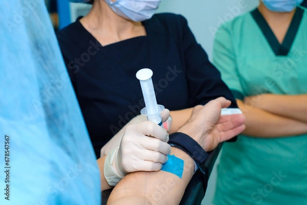 Fototapeta Intravenous administration of anesthesia with a syringe through a catheter on a person's arm.