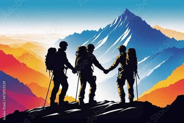 Fototapeta Gemeinsam auf dem Gipfel: Silhouetten von Bergsteigern, die sich dank gegenseitiger Hilfe und Teamarbeit die Hände reichen – als grafische Illustration im Comicstil.