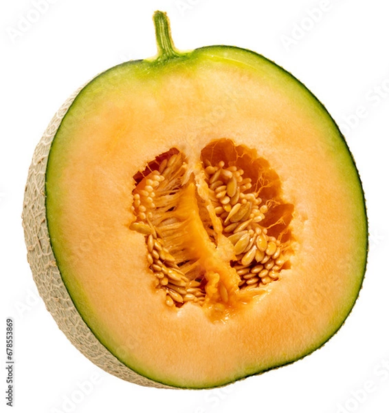 Fototapeta Cantaloupe melon cut in half on white background. Sweet Orange Melon isolate on white PNG File.