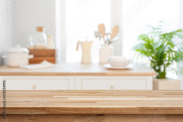 Fototapeta Empty wooden table for product display on blurred kitchen counter interior background