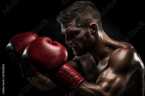 Fototapeta Boxer with an aggressive look in red boxing gloves before a fight against a black background