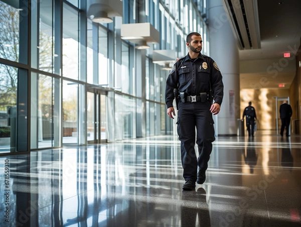 Obraz Photography, A security guard patrolling a corporate building, vigilant, office building interior