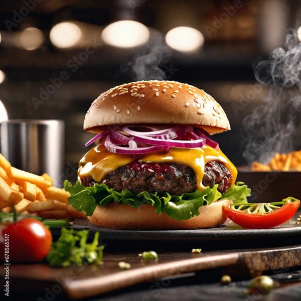 Fototapeta hamburger on a wooden table generative ai