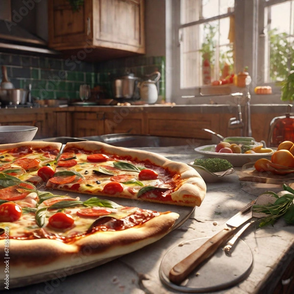 Fototapeta the pizza in the kitchen delicious generative ai