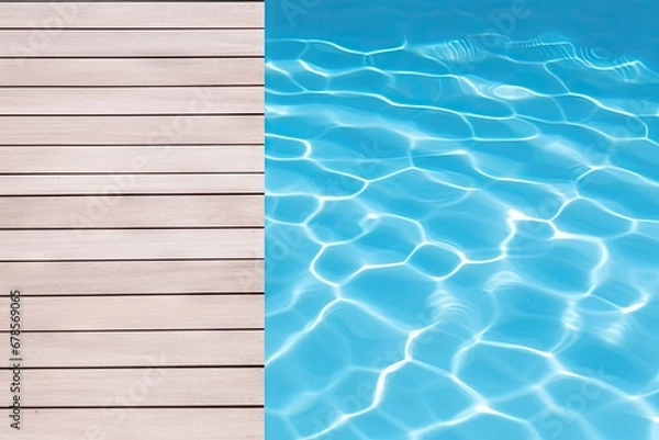 Fototapeta Inviting blue poolside retreat in summer. Sun kissed serenity. Relaxing pool deck amidst nature beauty. Lap of luxury. Wooden deck for ultimate leisure