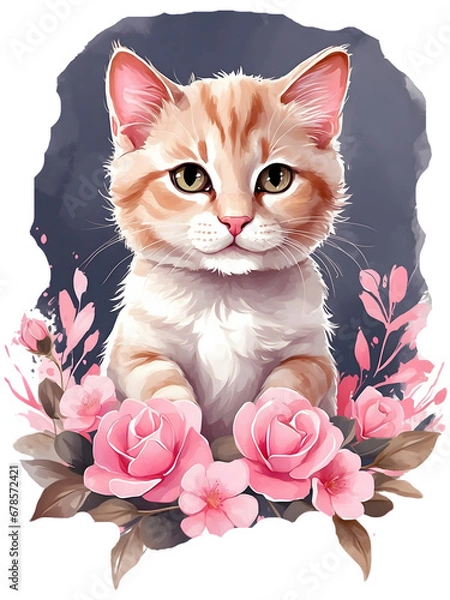 Fototapeta Watercolor illustration adorable orange cat with pink flowers decoration on white background. Kitten creative graphics design.