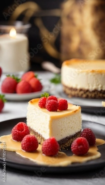 Fototapeta A delicious cheesecake sprinkled with goodies stands on a table with a beautiful background
