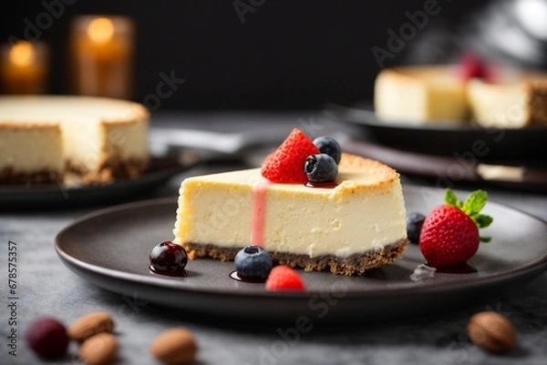 Fototapeta A delicious cheesecake sprinkled with goodies stands on a table with a beautiful background