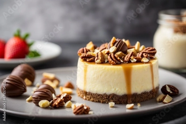 Fototapeta A delicious cheesecake sprinkled with goodies stands on a table with a beautiful background