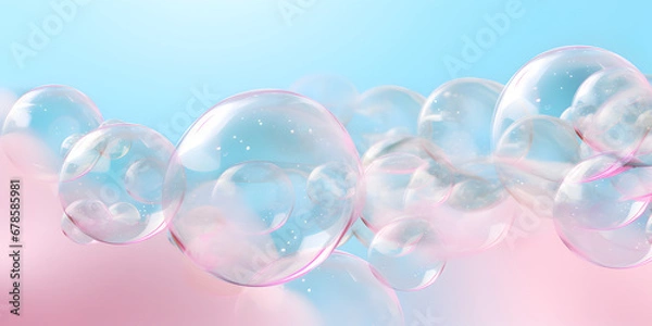 Fototapeta Transparent abstract soap bubbles on soft blue and pink background 