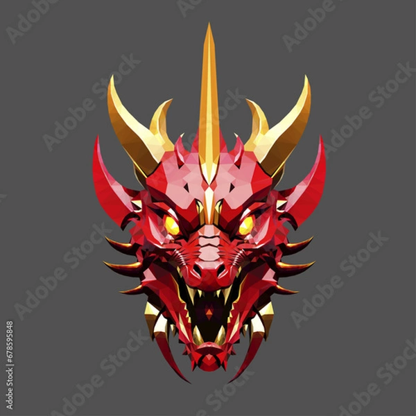 Fototapeta Low poly triangular dragon fiery face on dark grey background, symmetrical vector illustration isolated.  Polygonal style trendy modern logo design. Suitable for printing on a t-shirt.