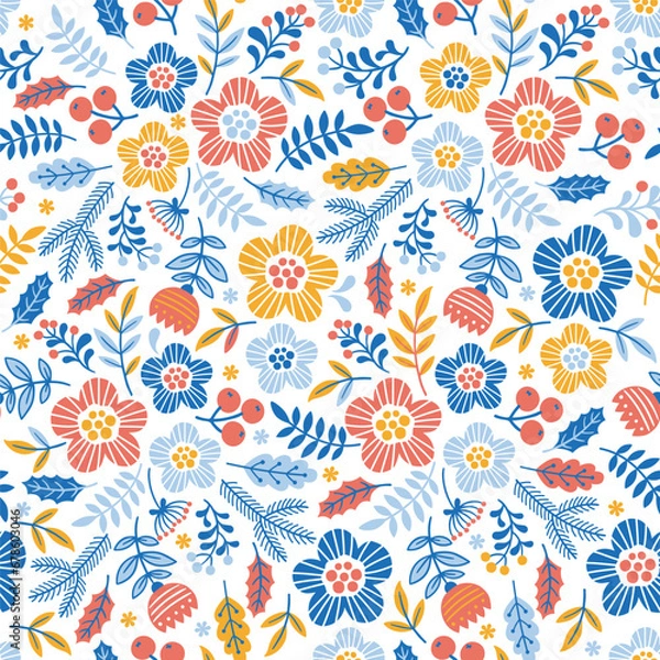 Fototapeta Interweaving of stylized doodle flowers and branches in the Scandinavian color style on white background