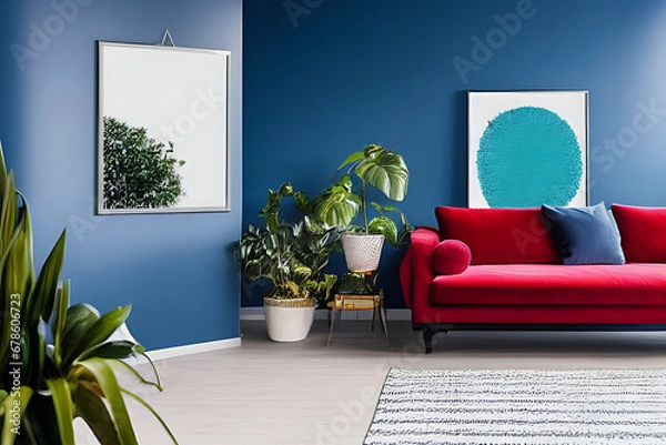 Fototapeta A Crimson Couch and Coffee Table, Potted Plants, Nile Blue Theme Wall with Vertical Blank Poster in a Minimalist Room