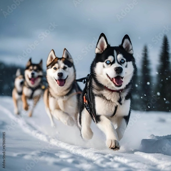 Fototapeta the huskies are pulling their sled up the snowy hill