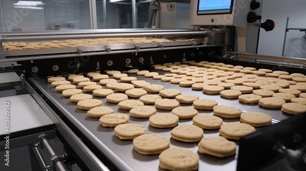 Fototapeta robot with vacuum suckers with conveyor in Production of cookies in a manufacture factory for the food industry.