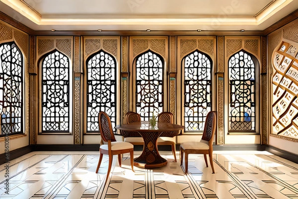 Fototapeta Arabic, Islamic style interior. Rattan chair, table and arabic pattern in window with shadow. pastel color wall