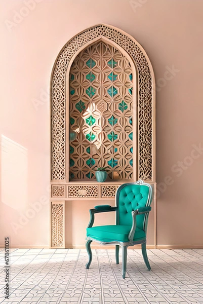 Fototapeta Arabic, Islamic style interior. Rattan chair, table and arabic pattern in window with shadow. pastel color wall