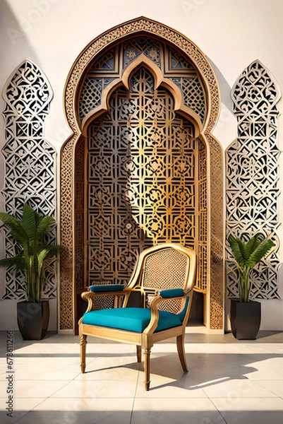 Fototapeta Arabic, Islamic style interior. Rattan chair, table and arabic pattern in window with shadow. pastel color wall