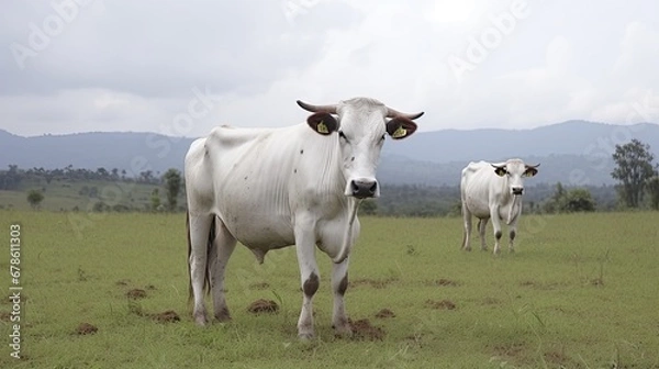 Fototapeta Two cows grazing in field, Birayi, Bujumbura, Burundi, Africa.