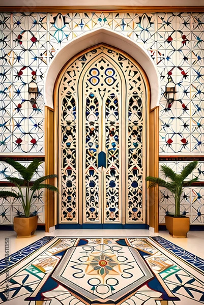 Fototapeta Arabic, Islamic style interior. Rattan chair, table and arabic pattern in window with shadow. pastel color wall