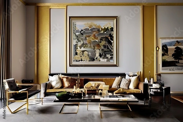 Fototapeta Architectural Digest photo of a Japanese and Scandinavian design style living room with golden light