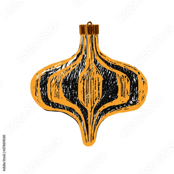 Fototapeta Christmas tree toy, graphic textured black lines with bright gold yellow bands. Isolated vector object on white background. Design element of  New Year's sale banner, print, postcard,  invitation