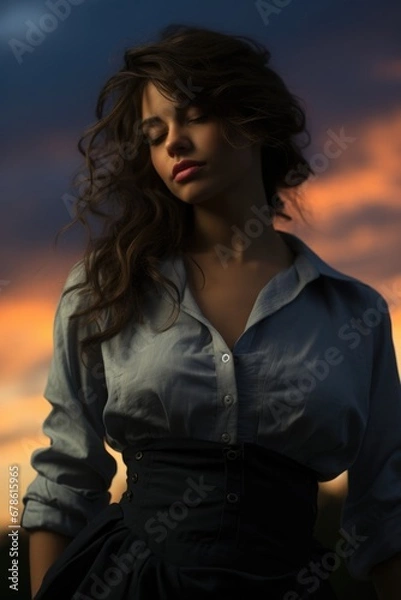Fototapeta Vintage model contemplates twilight career captured in deep blues and fading sunset tones 