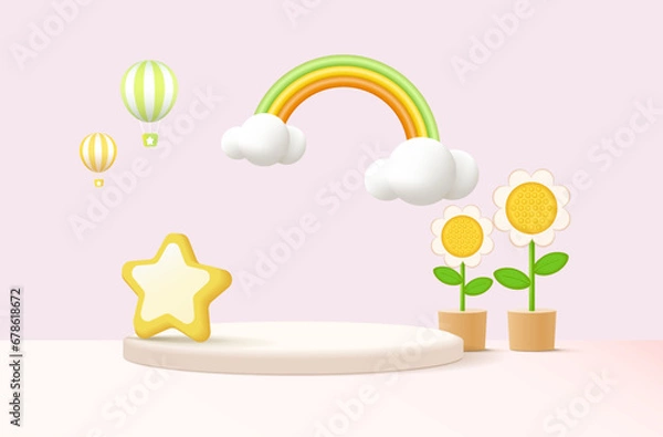 Fototapeta 3D rendering podium kid style with colorful pastel background, clouds and weather with space for kids or baby product.