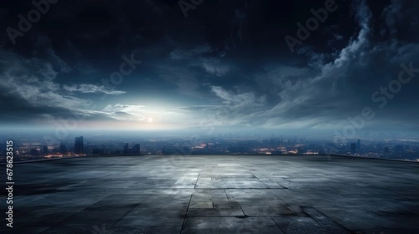 Obraz Dark concrete floor with picturesque night sky horizon and dramatic clouds and the city