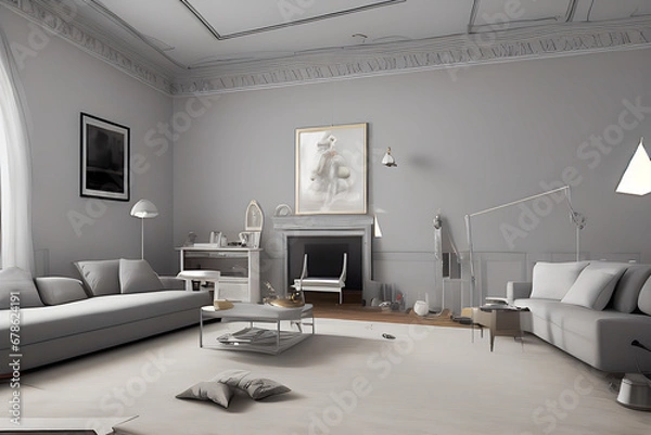 Fototapeta Creative Drawing Room, Wall Paint Color Primer Gray with Sofa