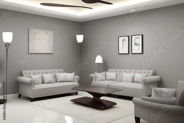 Fototapeta Creative Drawing Room, Wall Paint Color Primer Gray with Sofa