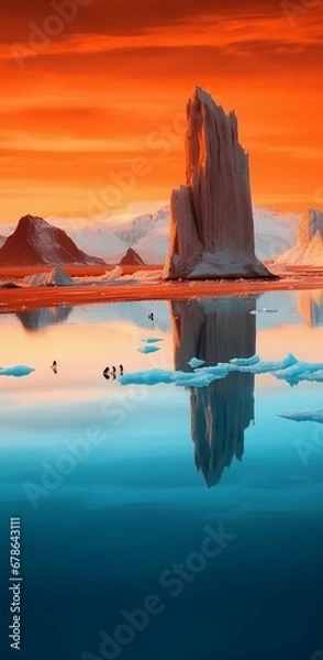 Obraz a blue iceberg reflects in bright orange sky