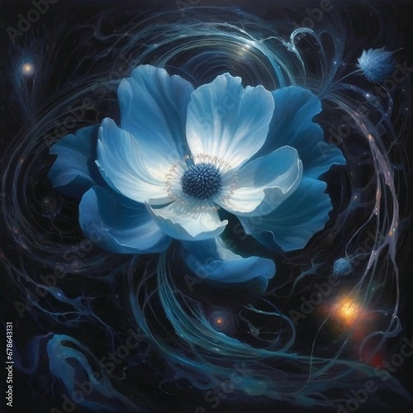 Obraz a blue flower in black background, in the style of cosmic art
