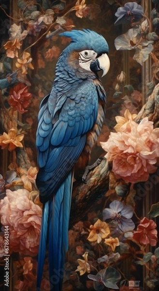 Obraz a blue parrot in the midst of flowers, in the style of dark cyan and amber, hyper-realistic animal illustrations