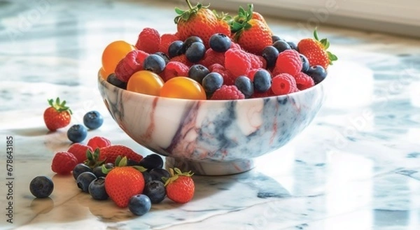 Obraz a bowl filled with berries on a marble countertop
