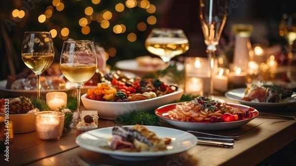Fototapeta Festive Christmas dinner table with delicious food and snacks, new year’s decorations and Christmas tree in the background