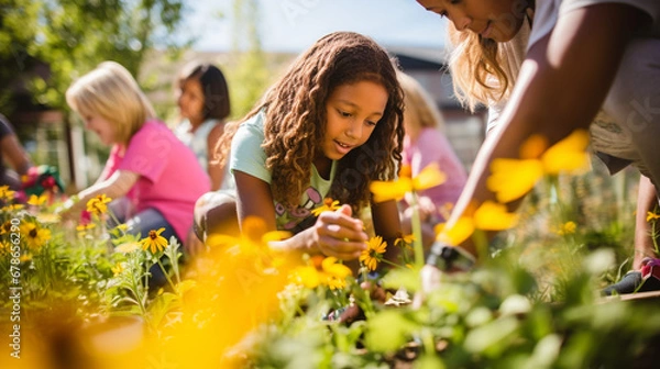 Fototapeta Diverse Community Engaged in Volunteering at a Vibrant Urban Garden. Group of People of Different Races and Ages Working Together in Community Service