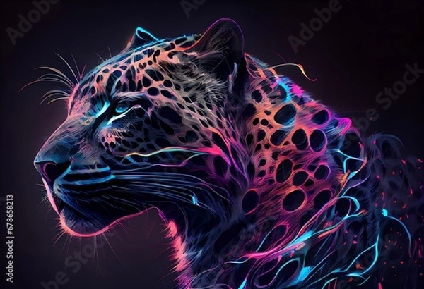Obraz Drawing Snow leopard portrait on a black background. Snow leopard in creative art style, neon style, leopard on a black background, colorful illustration