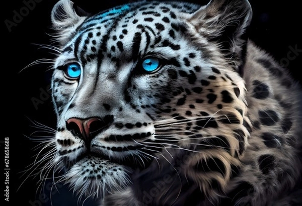 Fototapeta Drawing Snow leopard portrait on a black background. Snow leopard in creative art style, neon style, leopard on a black background, colorful illustration