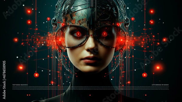 Fototapeta futuristic sci fi robot head with neon lines and abstract background.