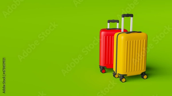 Fototapeta Pair of suitcases standing on green background. 3d rendering of modern luggage