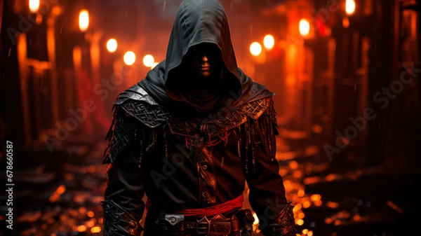 Fototapeta portrait of a young devil dressed in leather with a hood and a red lantern on the background of the night city.