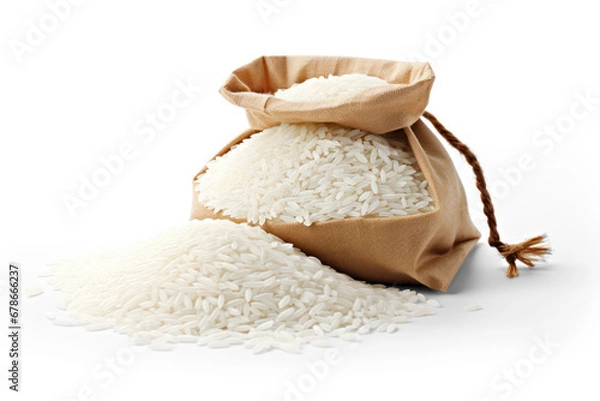 Fototapeta wood bowl and burlap bag of rice isolated on transparent background, png file