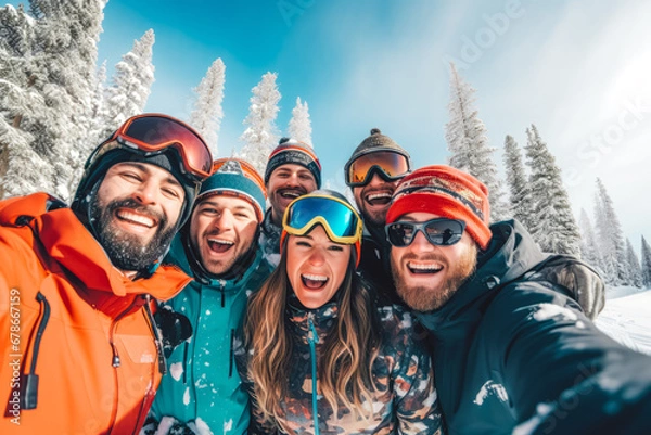 Fototapeta Group of snowboarders smiling and posing for a picture on a skiing vacation, friends snowboarding together on a sunny winter day
