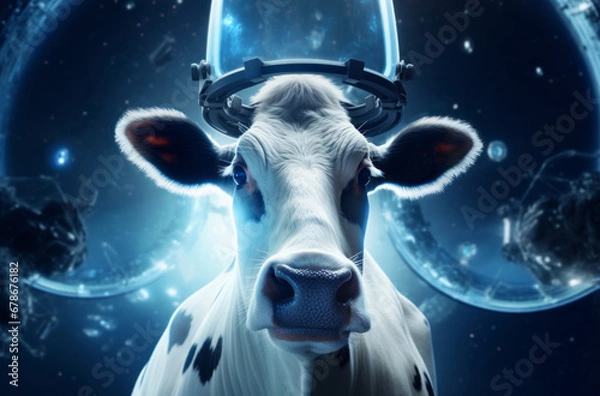 Obraz Agricultural innovation, Cow in a futuristic lab setting, symbolizing biotech progress.