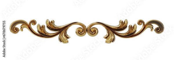 Fototapeta 3D render of vintage gold baroque frame scroll, gold ornament on transparent background