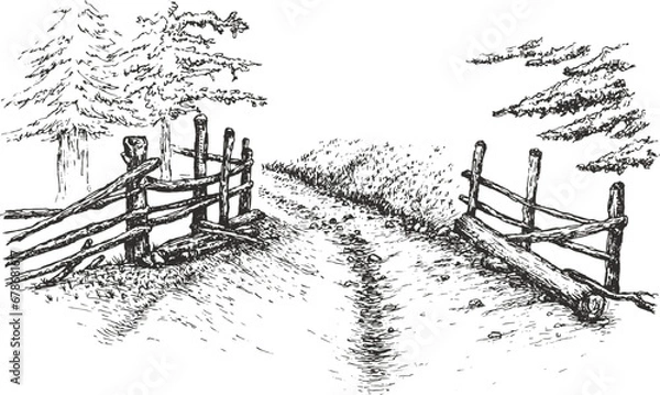 Obraz Country road with wood fence and trees along way in hand drawn sketch style. Vintage monochrome nature composition isolated on white background. Vector grayscale retro illustration.