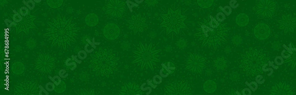 Fototapeta Green christmas banner with snowflakes. Merry Christmas and Happy New Year greeting banner. Horizontal new year background, headers, posters, cards, website.Vector illustration
