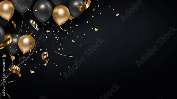 Fototapeta free photos Gold yellow balloons and falling foil confetti on black background for writing space.Generative AI