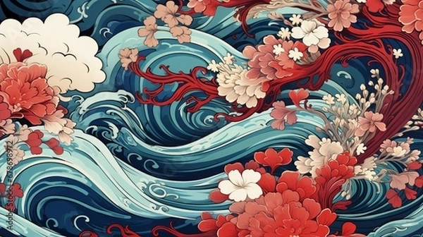 Obraz a painting of a wave with flowers on it